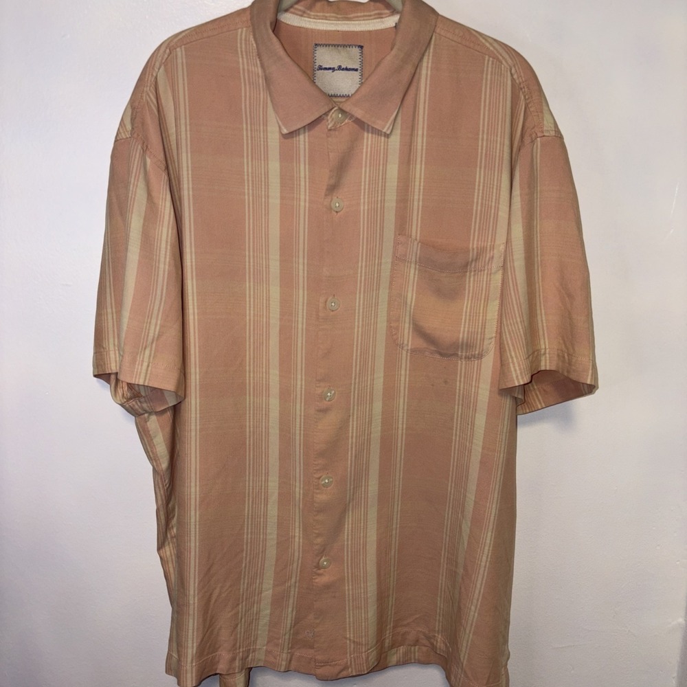 Tommy Bahama Silk Camp Shirt XXL Men's Blue Striped Short Sleeve Button Down
